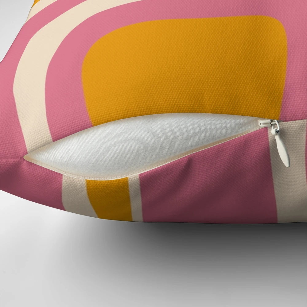 Retro abstract pattern throw pillow in thulian pink, mustard, and cream beige