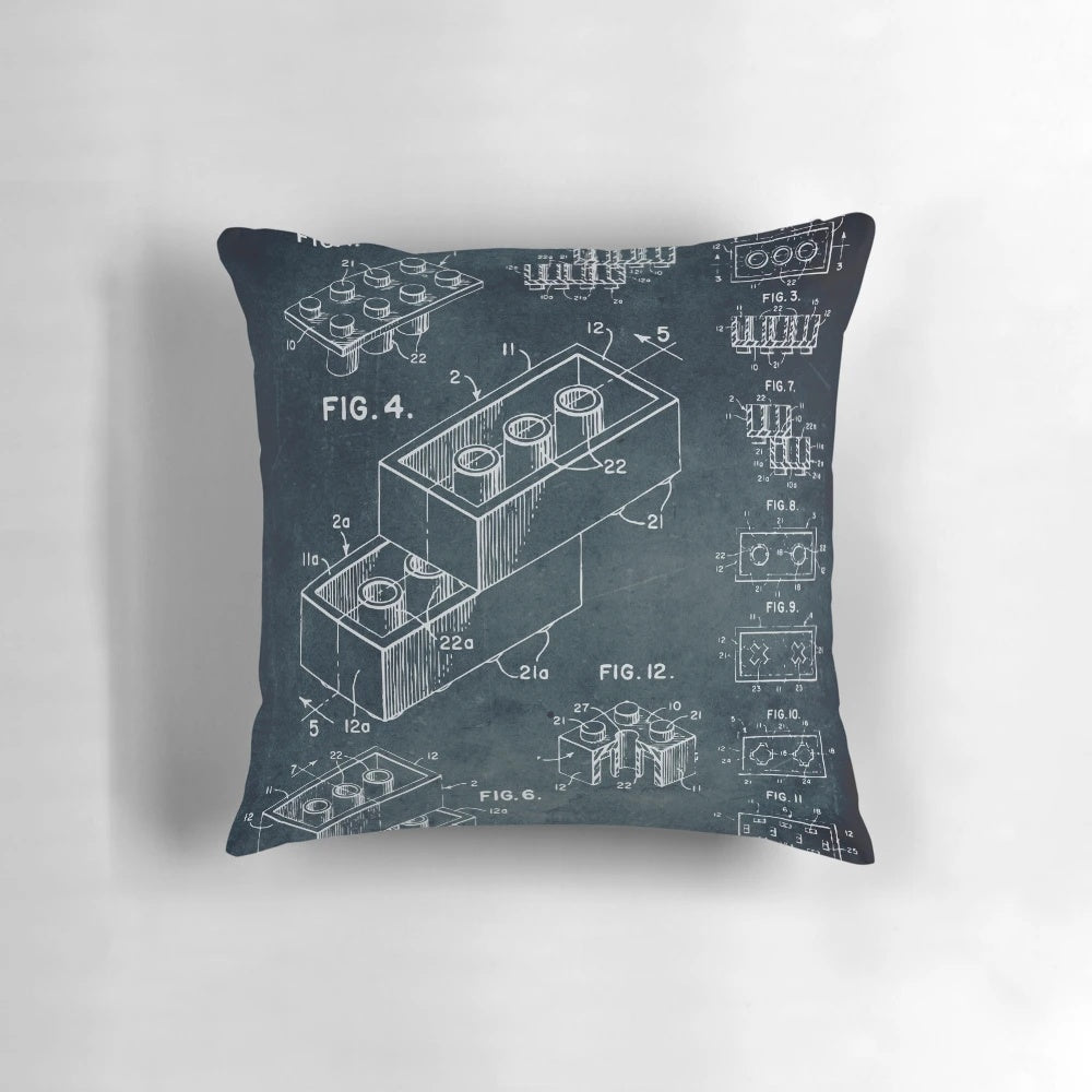 Vintage architectural toy brick pillow with blueprint-inspired design