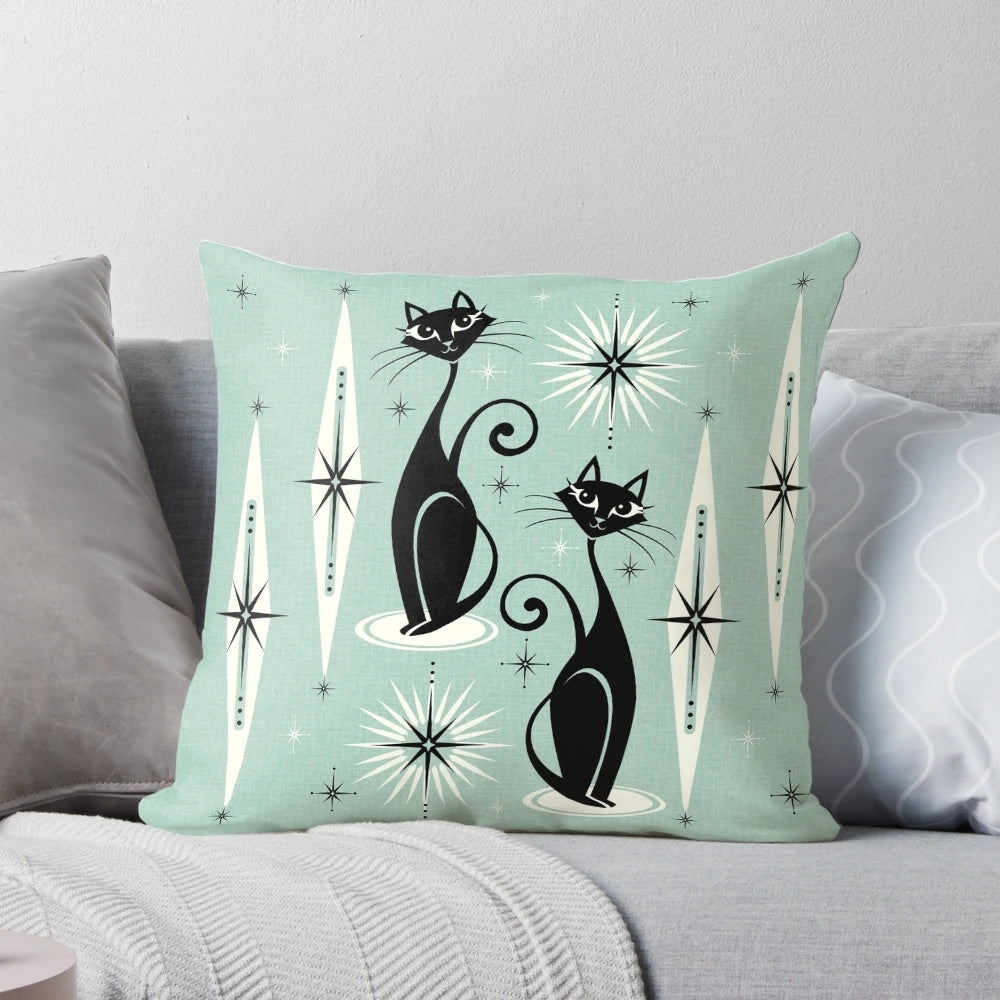 Retro atomic cat pillow with vintage mid century starburst and diamond design