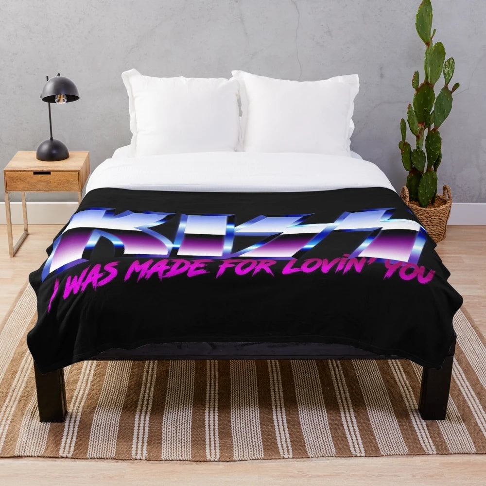Retro chrome KISS band plush blanket with fan art design