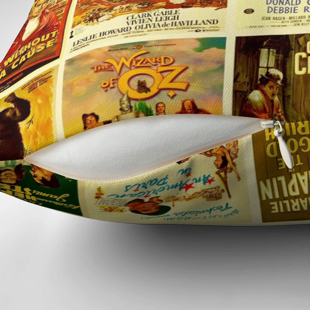 Vintage-style throw pillow featuring classic movie poster designs