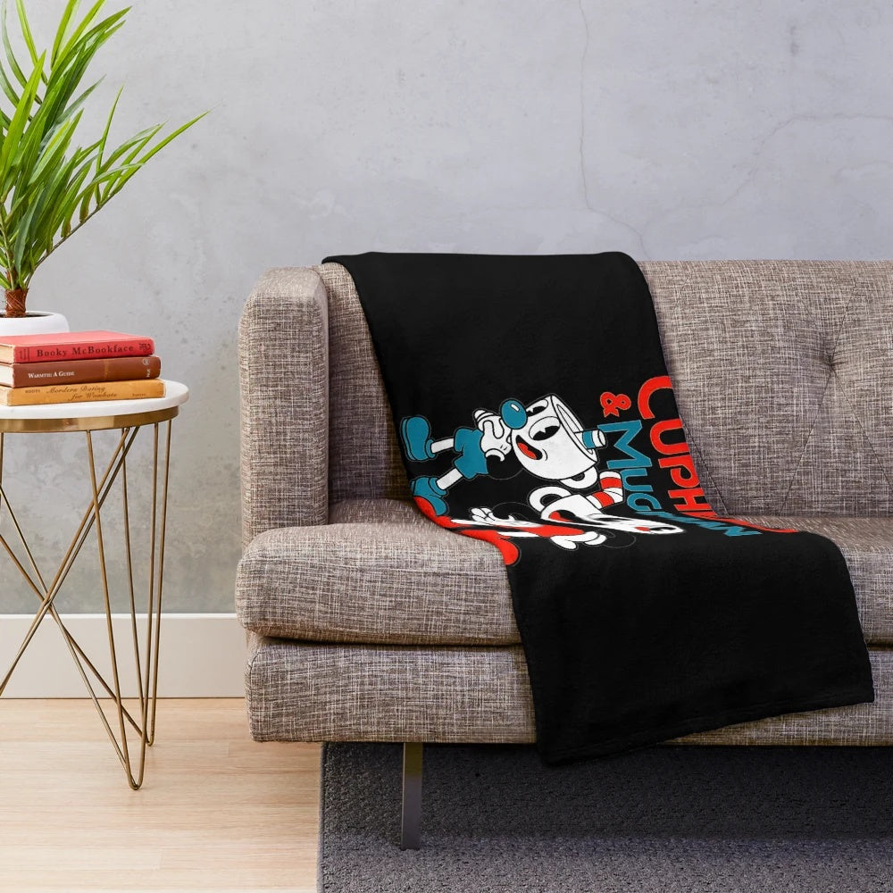 Retro Cuphead inspired plush blanket with cartoon characters Cuphead and Mugman