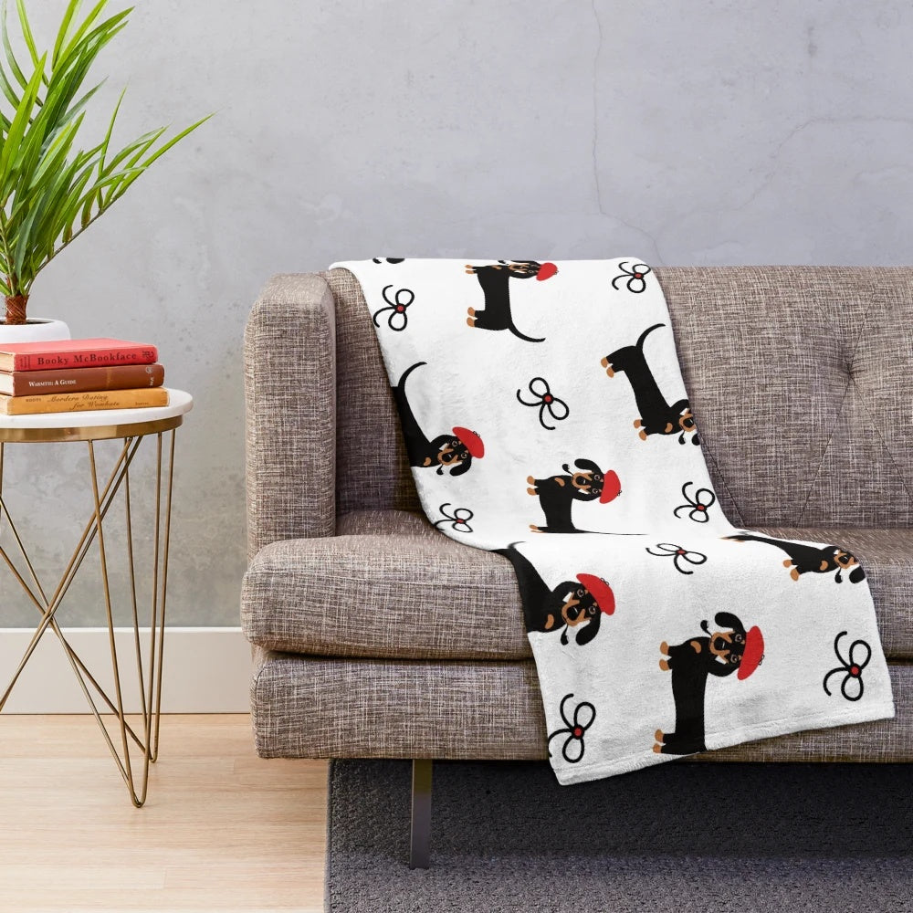 Retro-style dachshund sausage dog plush blanket