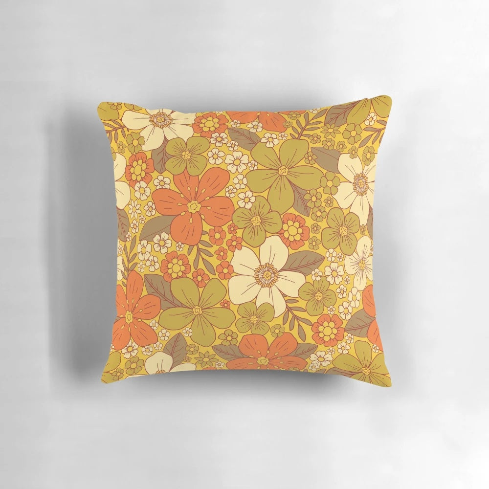 Retro floral pattern pillow in orange and olive green colors