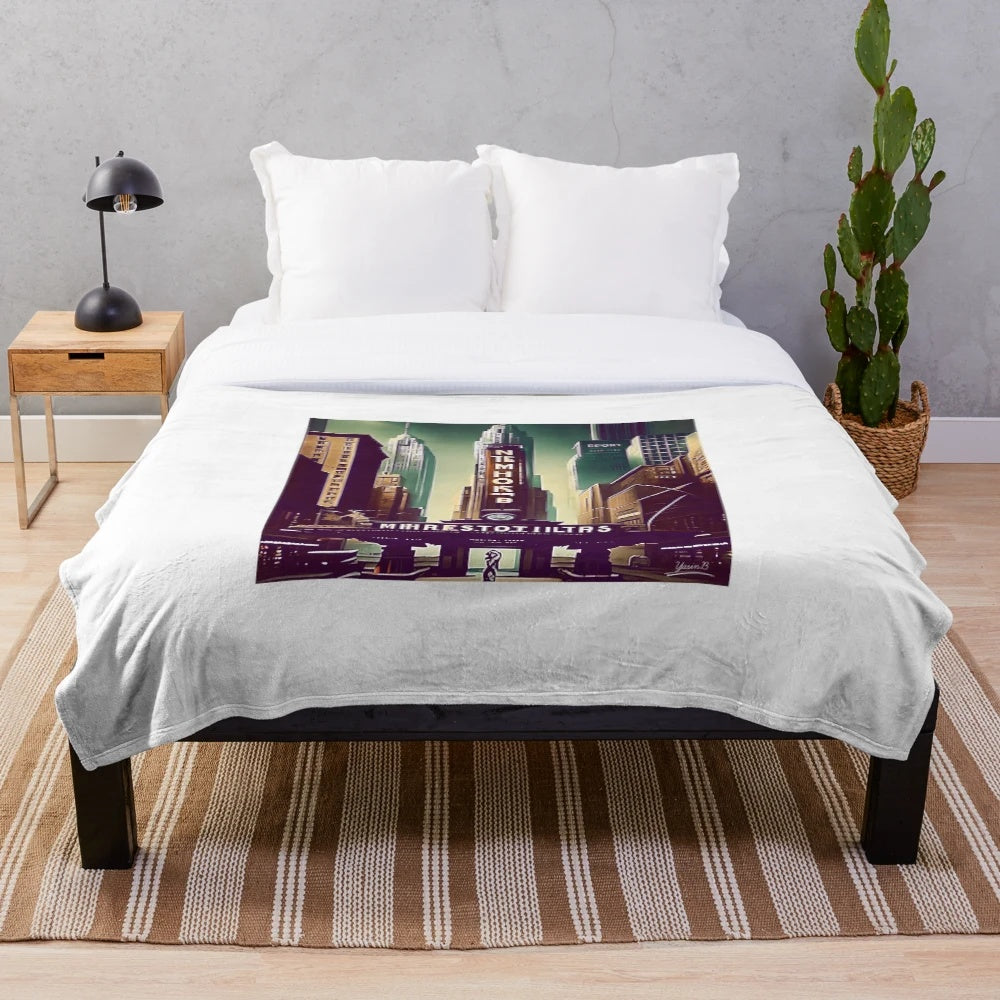 Metropolis Plush Blanket with Retro Futuristic Vintage Movie Poster Design