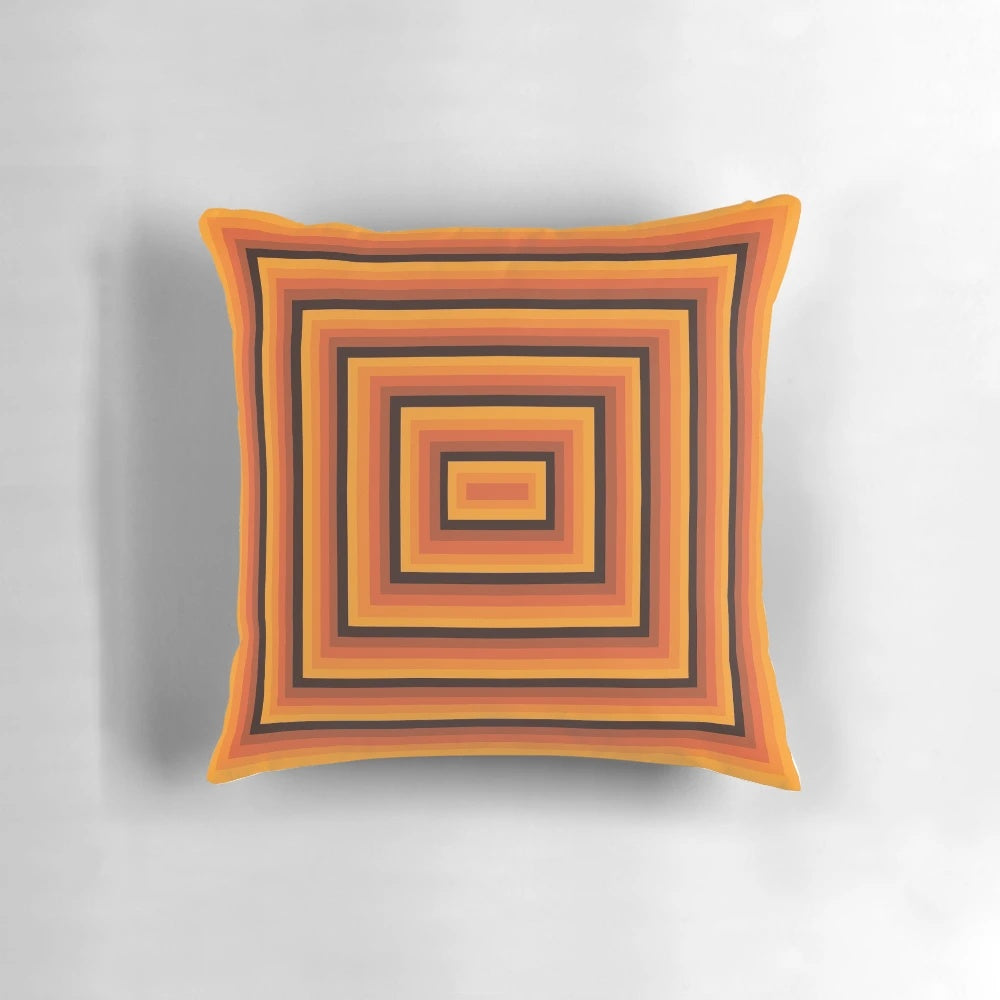 Vibrant orange mid-century modern geometric throw pillow with a hypnotic, retro-futuristic pattern