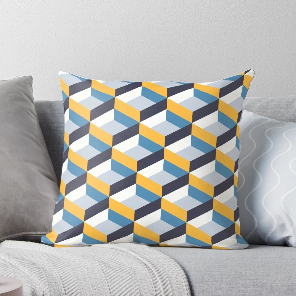 Retro geometric navy and yellow throw pillow with abstract pattern design