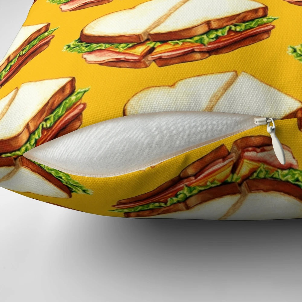 Retro ham sandwich pattern printed on a decorative throw pillow