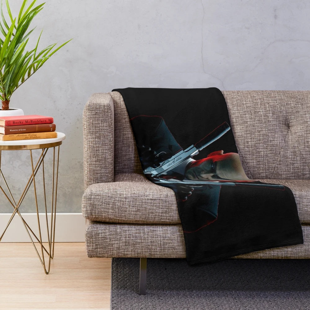 Hitman Agent 47 plush fleece blanket with retro video game design