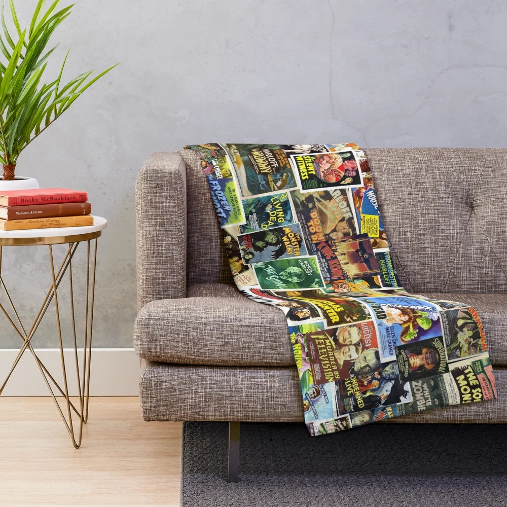 Vintage horror-themed plush blanket with classic movie monster imagery