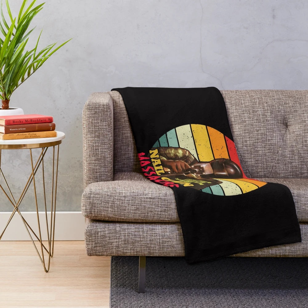 Retro horror movie-inspired plush blanket with Nail Gun Massacre design