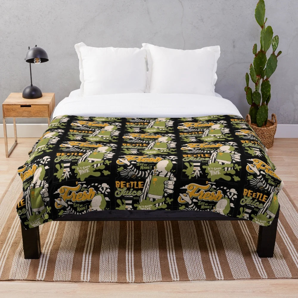 Beetlejuice-themed plush blanket with iconic movie character design
