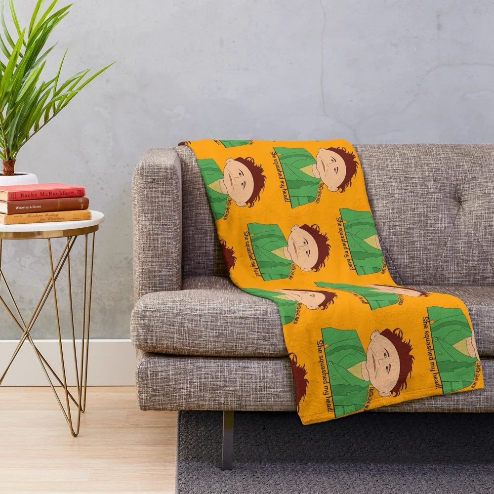 Plush Drop Dead Fred blanket featuring iconic movie quote "she squashed my head