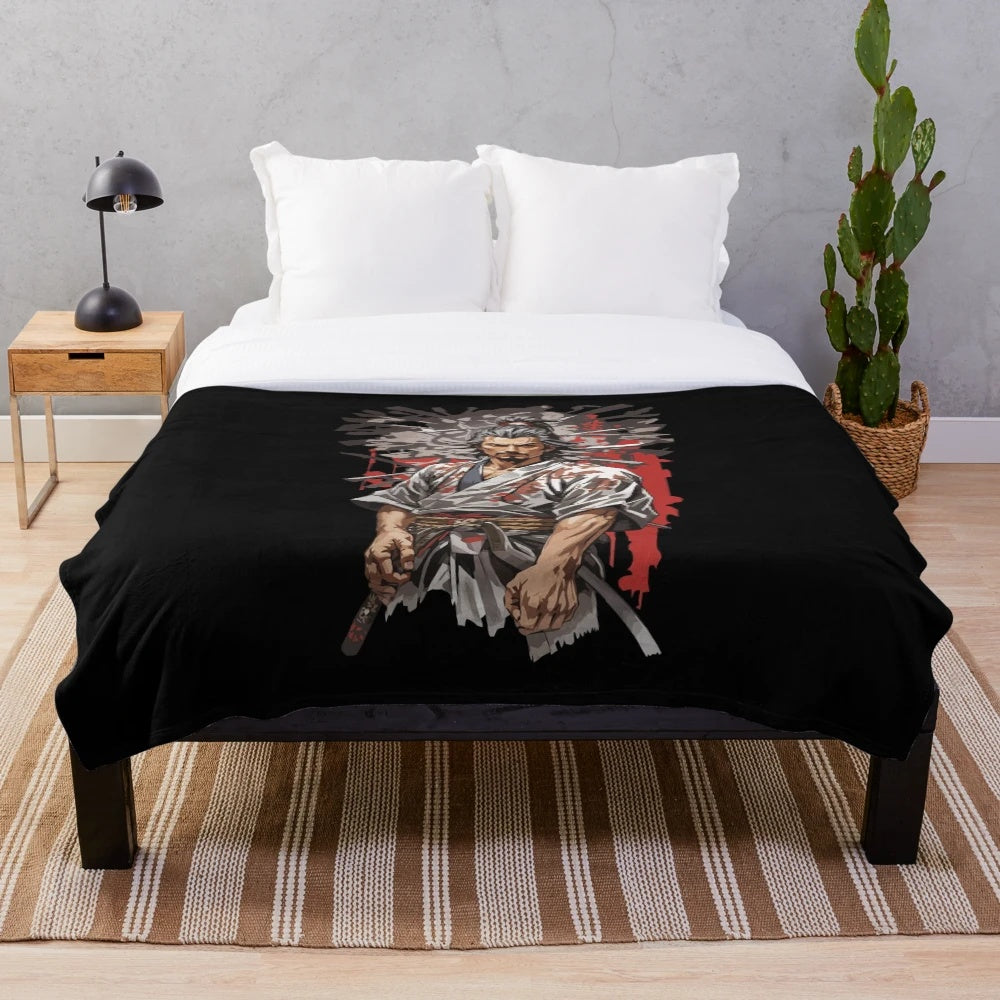 Retro Japanese style Samurai plush blanket with aesthetic Japan art design