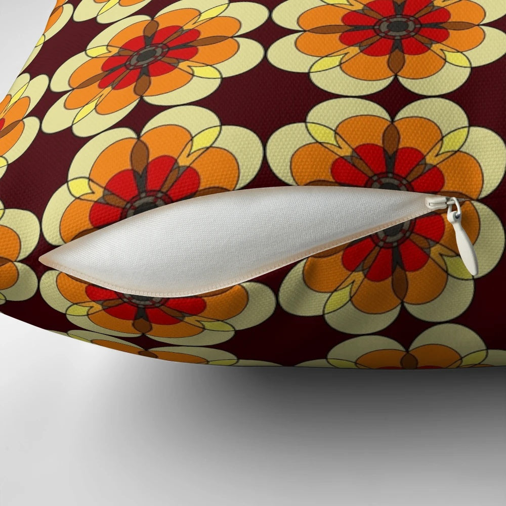 Vibrant retro marigold flower pattern on a soft, plush pillow