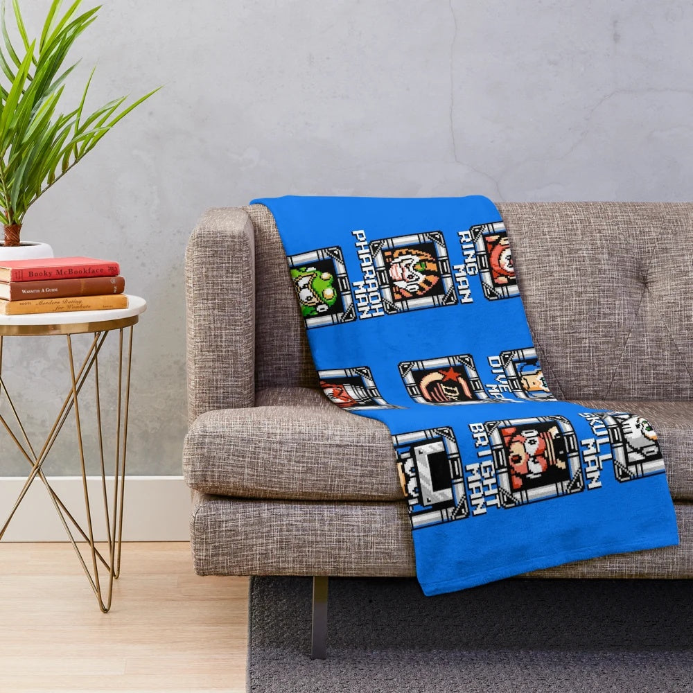 Megaman 4 stage select inspired plush blanket featuring pixelart design