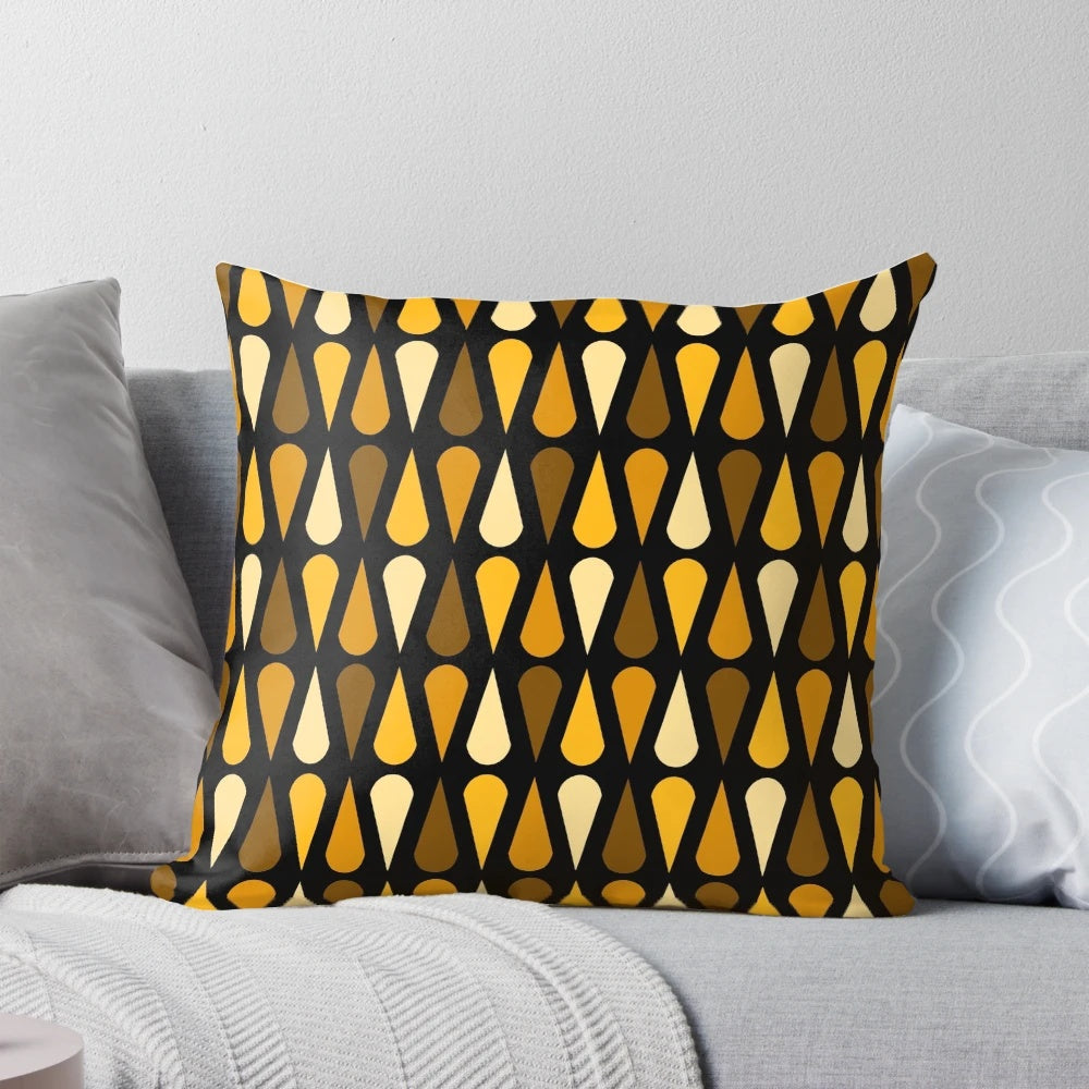 Retro midcentury modern minimalist teardrops pattern pillow in black and ochre colors