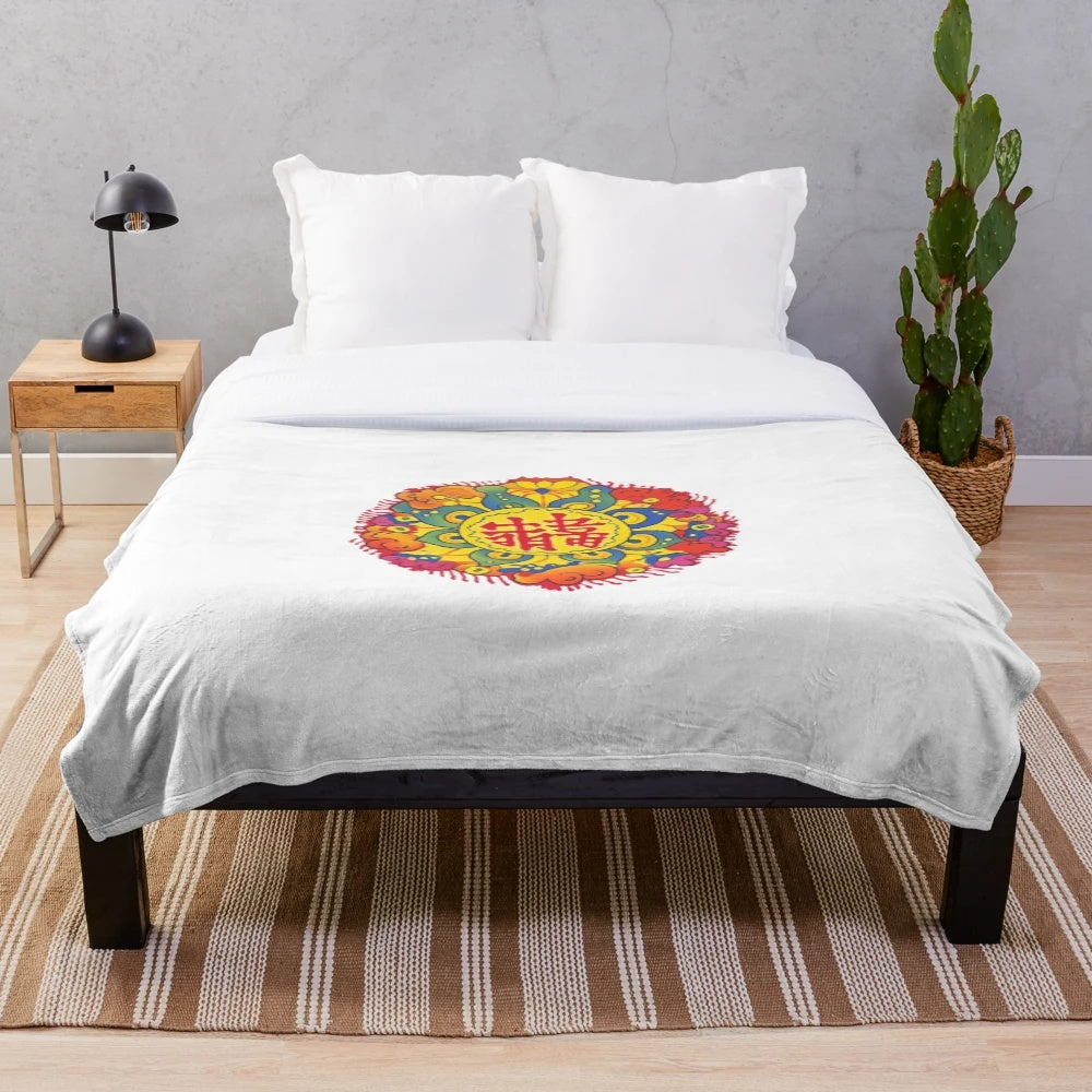 Retro-modern plush blanket with abstract mandala design