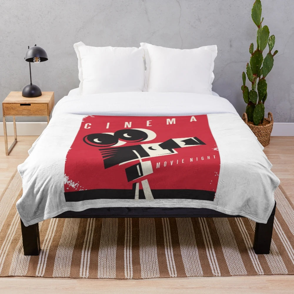 Retro movie night plush blanket with vintage cinema graphics
