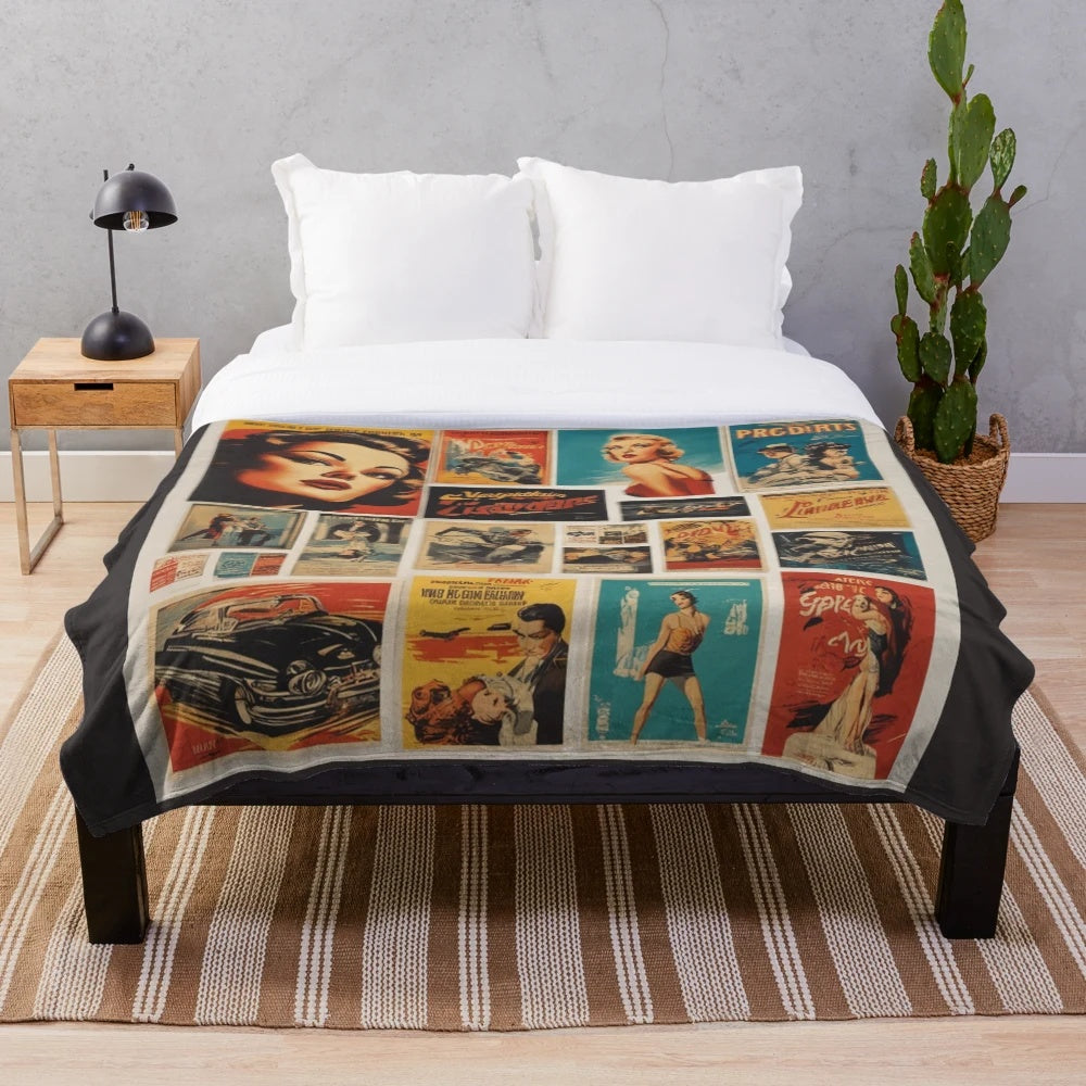 Vintage cinema-themed plush blanket with a cozy, classic movie theater design