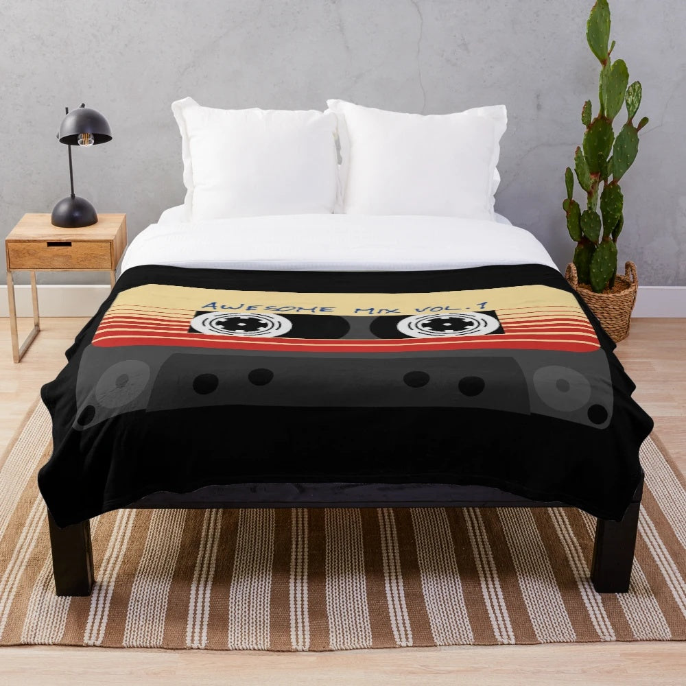 Retro music plush blanket featuring a Guardians of the Galaxy inspired cassette tape design