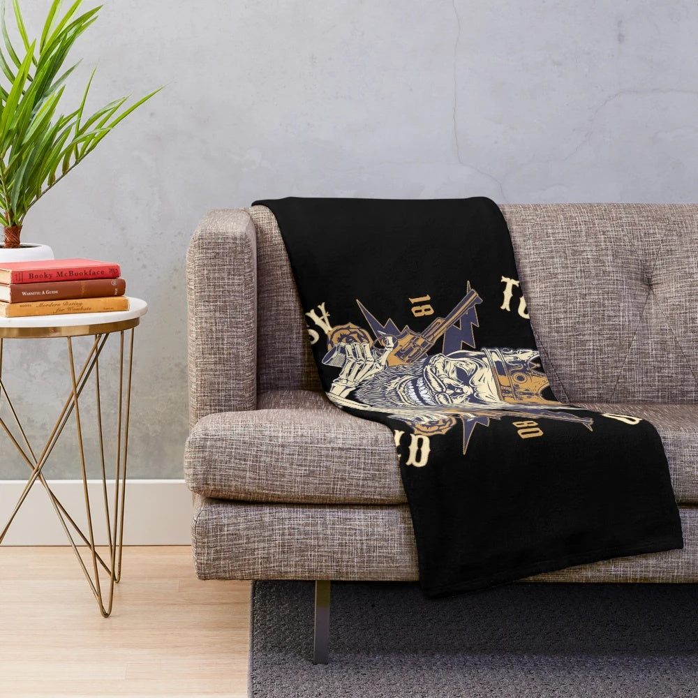Ned Kelly inspired plush blanket with vintage Australian bushranger design