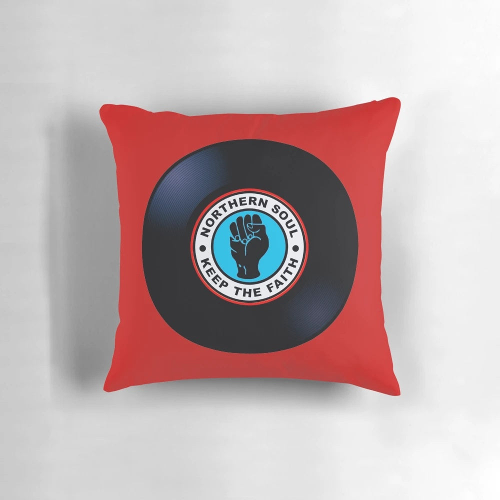 A plush, decorative pillow featuring a classic Northern Soul vinyl record design, perfect for music enthusiasts and retro home decor.