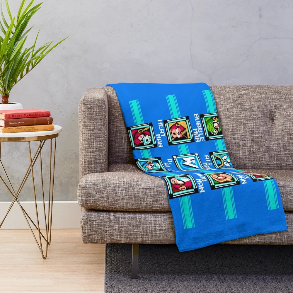Pixel art Mega Man 2 stage select design on plush blanket