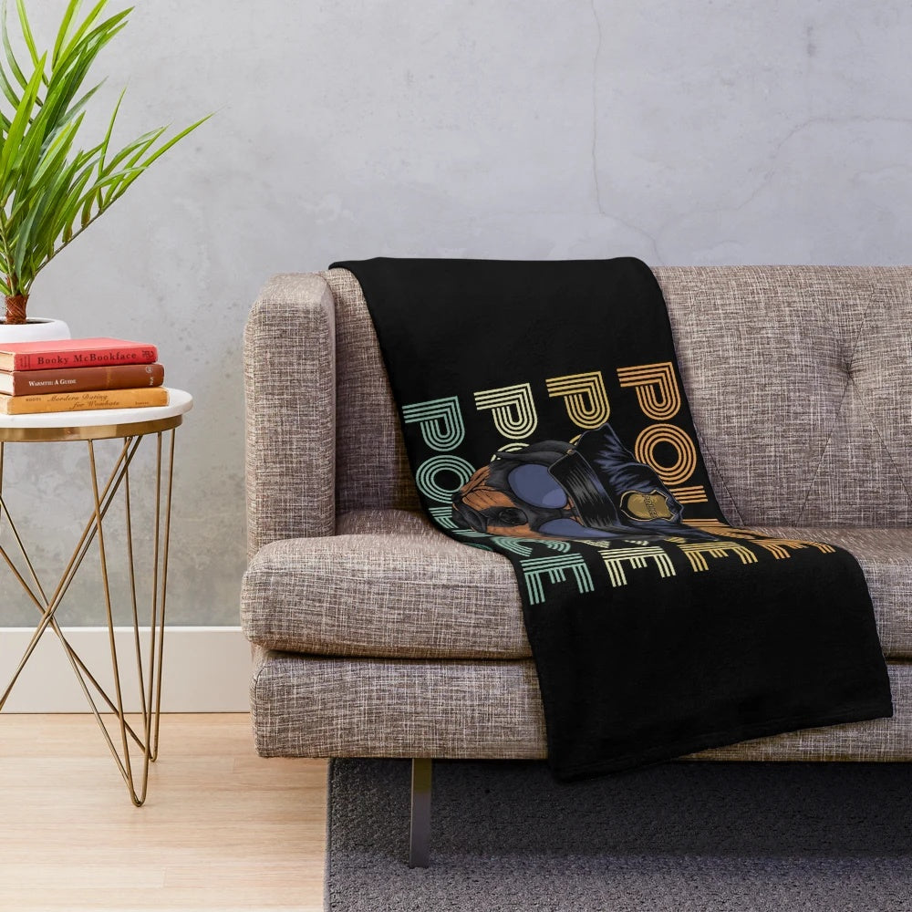 Retro police dog plush blanket with a rottweiler design