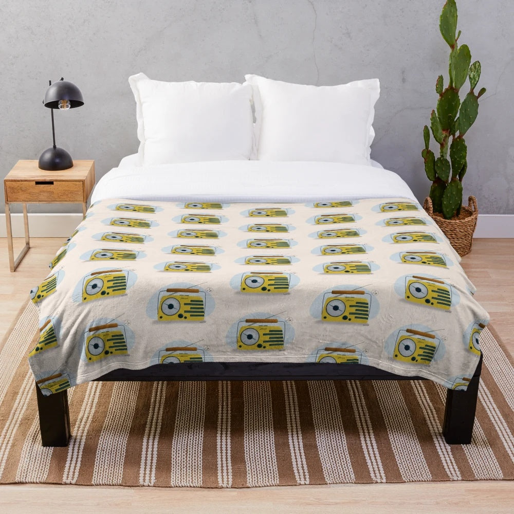 Retro radio illustration plush blanket with bold, vintage radio design