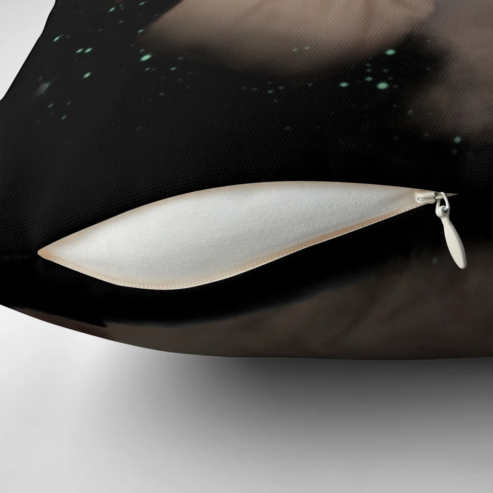 Fluffy white cat-shaped pillow with gray and black moon design, inspired by the 'thurston waffles' meme