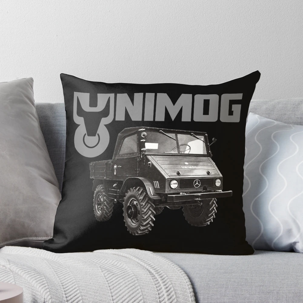 Vintage-inspired Unimog-style truck graphic printed on a throw pillow