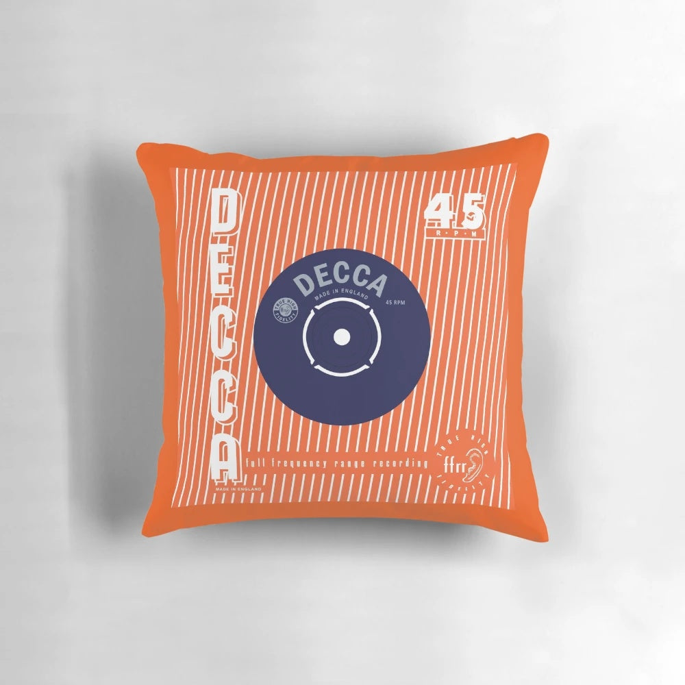 Vintage-inspired record sleeve design throw pillow in orange, white, and purple striped pattern