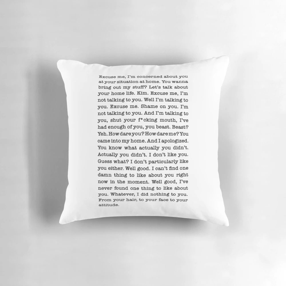 Decorative pillow featuring a graphic design inspired by the feud between Kim Richards and Eileen Davidson on The Real Housewives of Beverly Hills