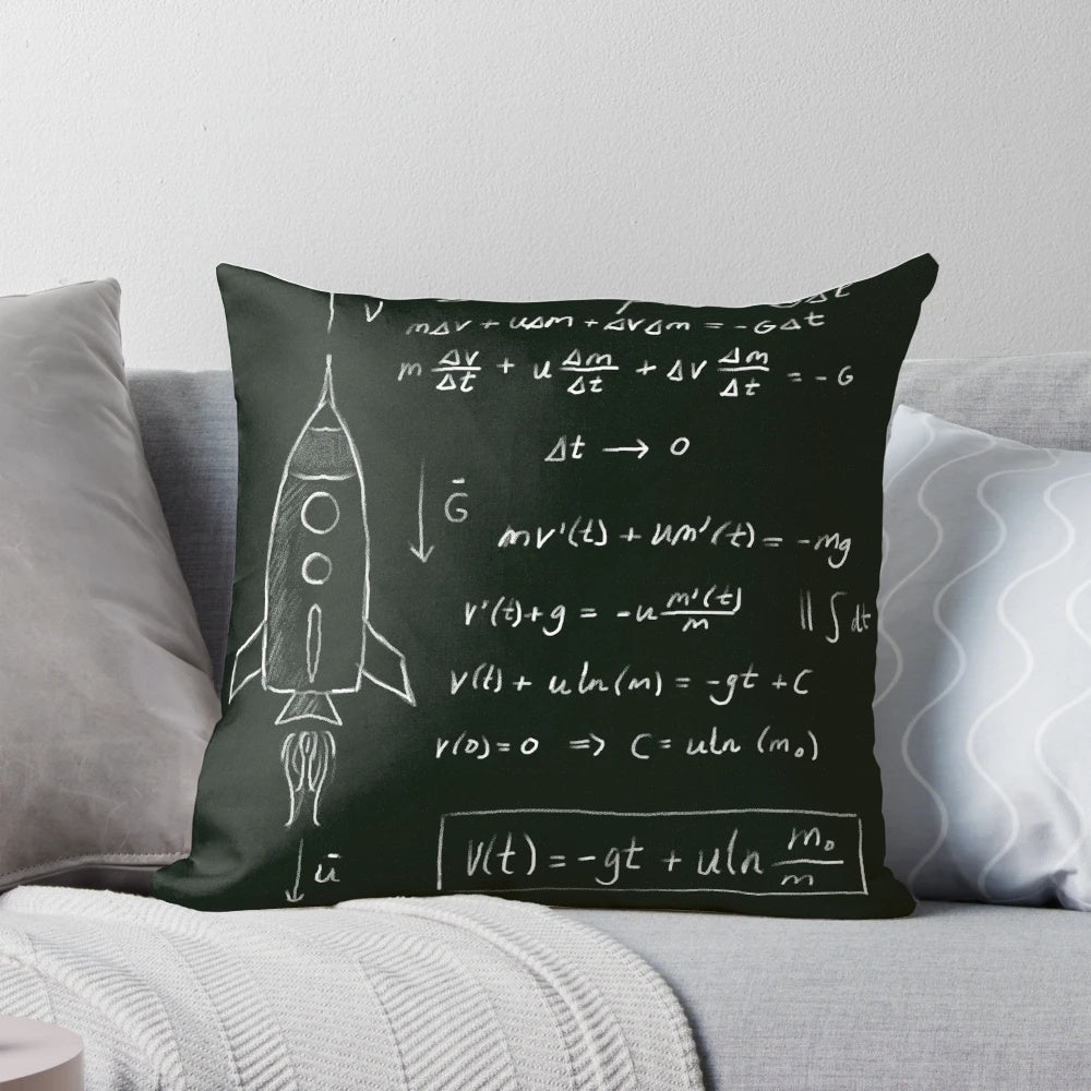 Pillow featuring a blackboard with rocket science equations and formulas