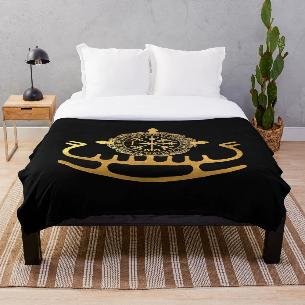 Plush Blanket Featuring Runic Compass and Viking Ship Design