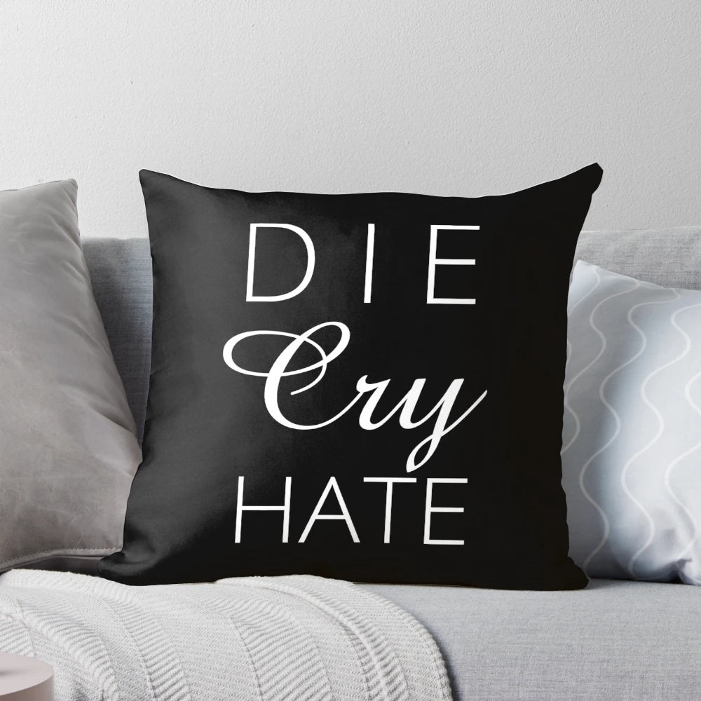 Sarcastic "Live Laugh Love" parody throw pillow with white text on a solid background