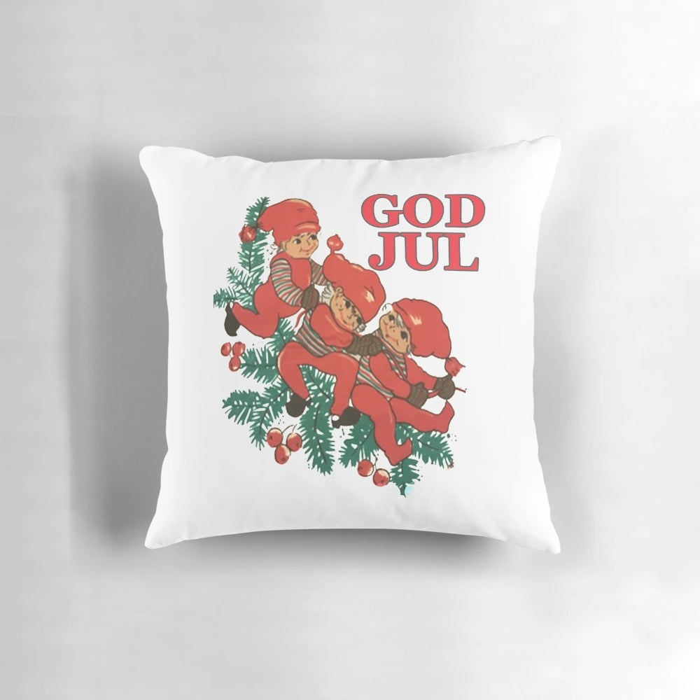 Retro vintage Scandinavian Christmas pillow featuring tomte nisse gnome characters