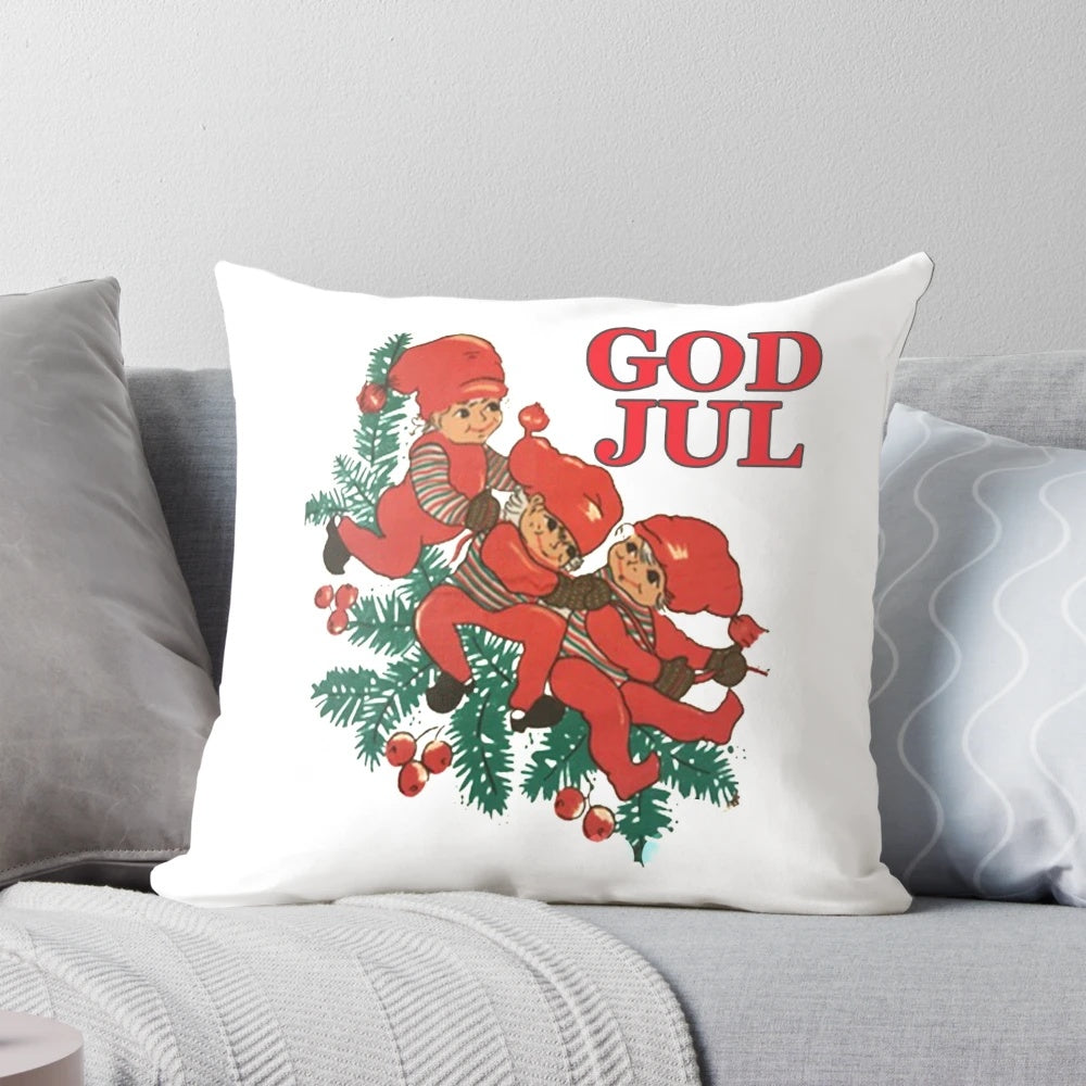 Retro vintage Scandinavian Christmas pillow featuring tomte nisse gnome characters