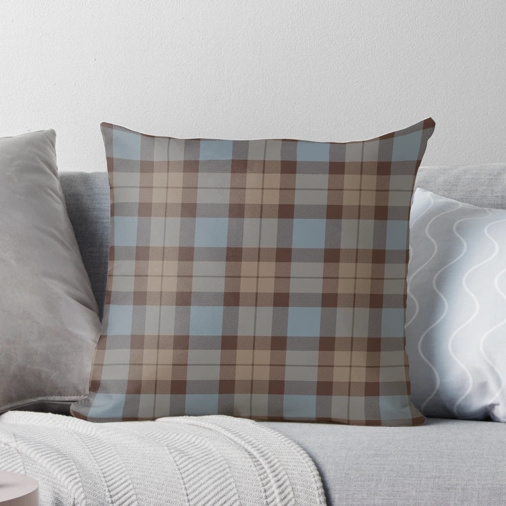 A brown and blue Scottish tartan plaid checkered pattern throw pillow