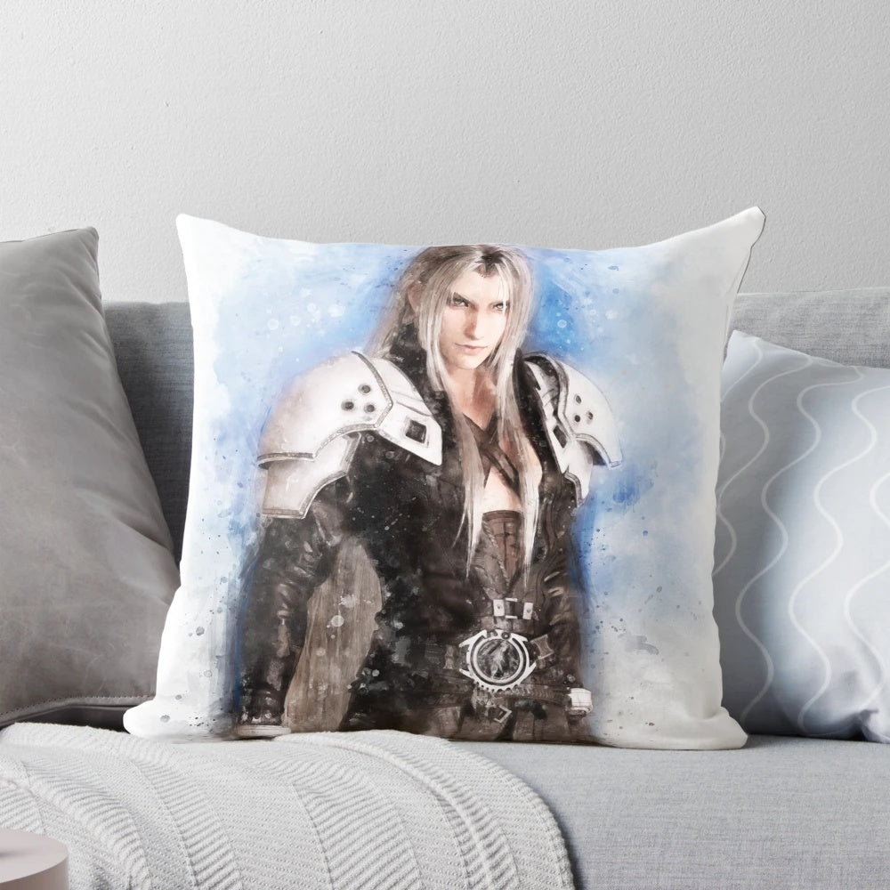 Sephiroth watercolor design on a plush, comfortable throw pillow inspired by the Final Fantasy VII video game.