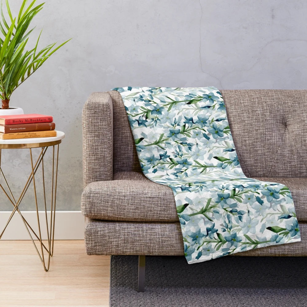 Blue branches plush blanket with watercolor floral design