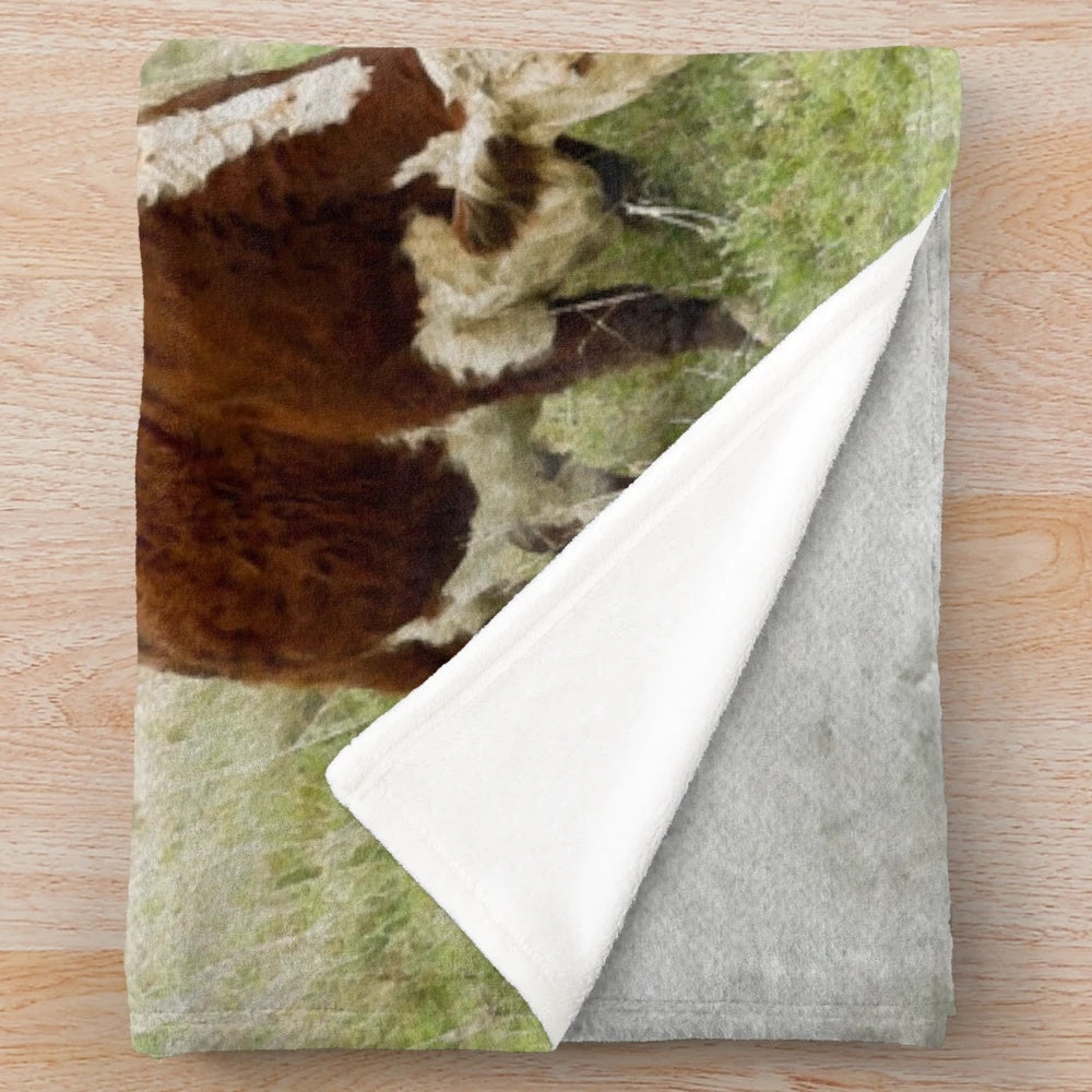 Hereford bull and cow in a watercolor landscape on a plush blanket