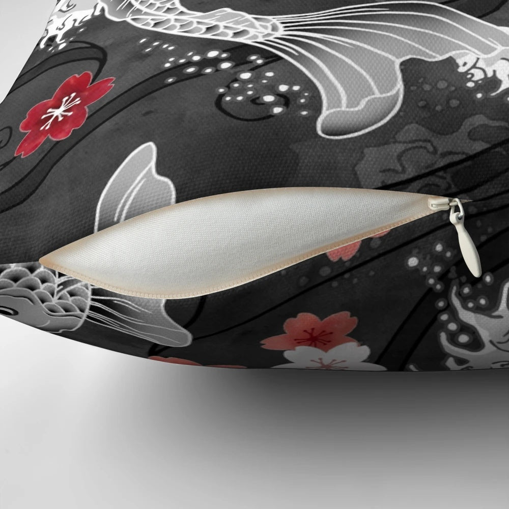 Decorative pillow featuring a watercolor painting of koi fish swimming among cherry blossoms