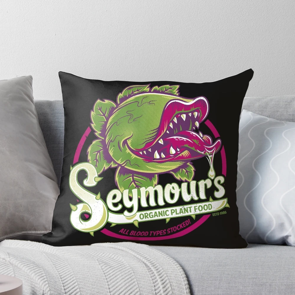 Vintage-style pillow featuring Seymour's Organic Plant Food from the cult classic movie "Little Shop of Horrors