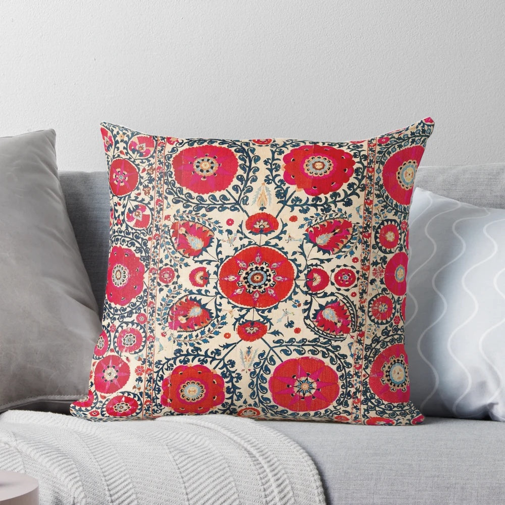 Shakhrisyabz Uzbekistan silk embroidered Bokhara pillow with vibrant colors and traditional tribal pattern
