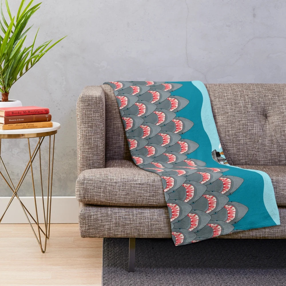 Plush blanket with Jaws movie sharks design for horror movie fans