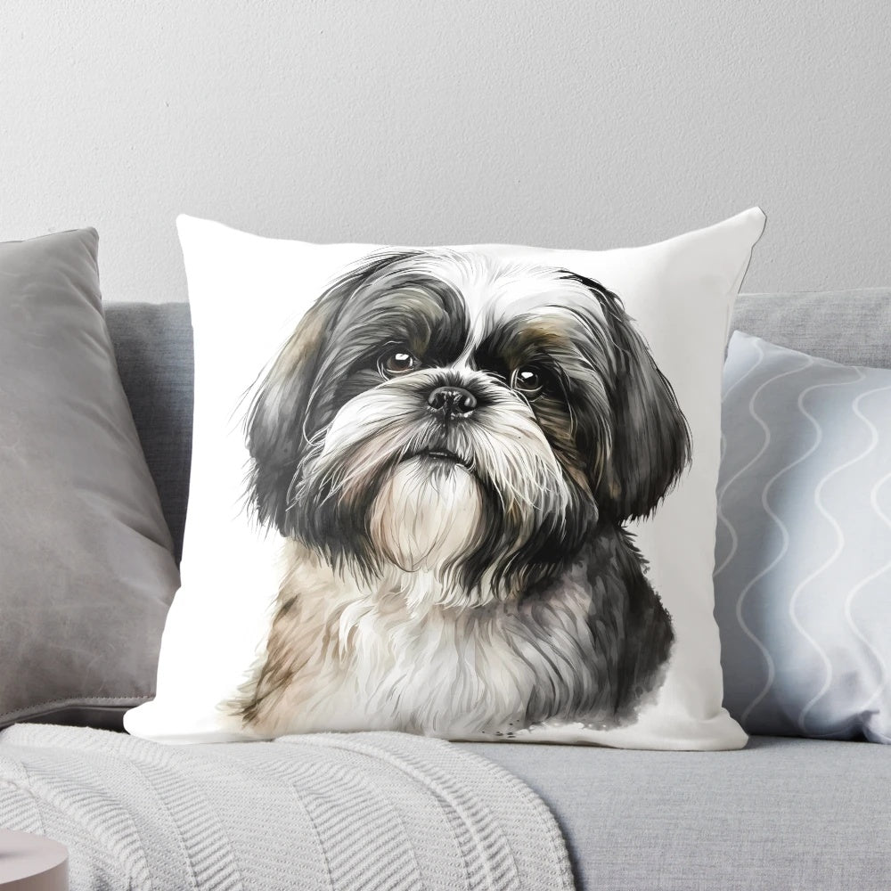 Shih Tzu dog breed watercolor portrait on a decorative pillow