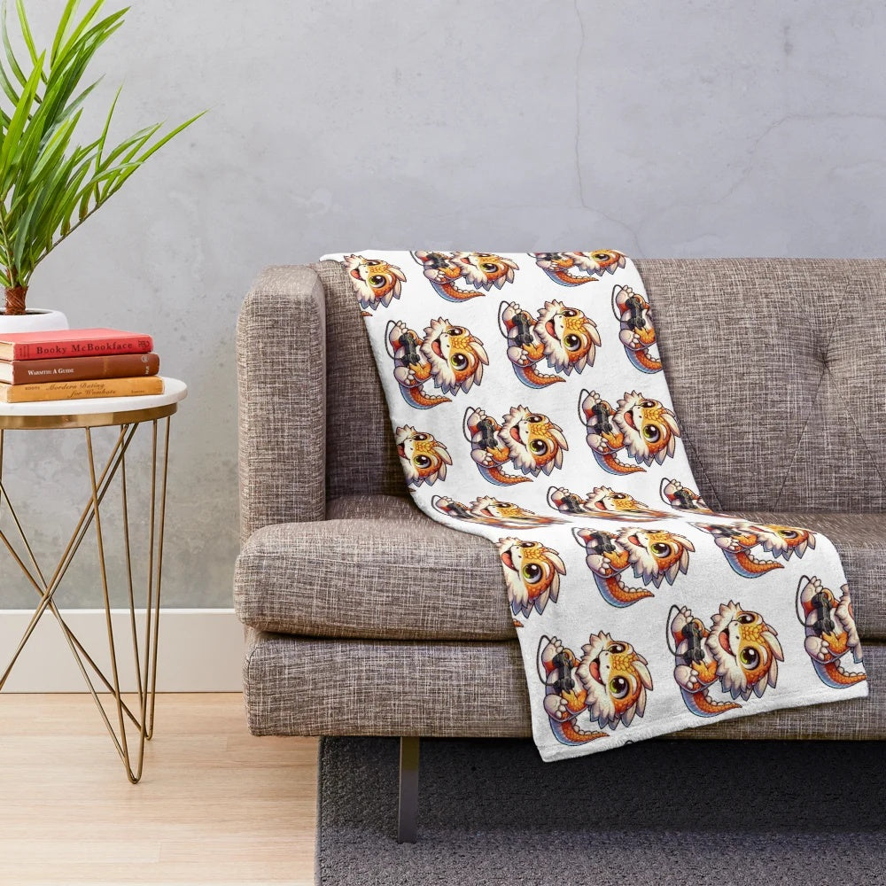 Smiling bearded dragon playing video games on a plush blanket