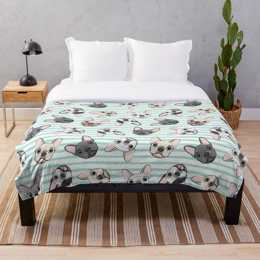 Soft and cozy aqua striped plush blanket featuring cute French bulldog faces